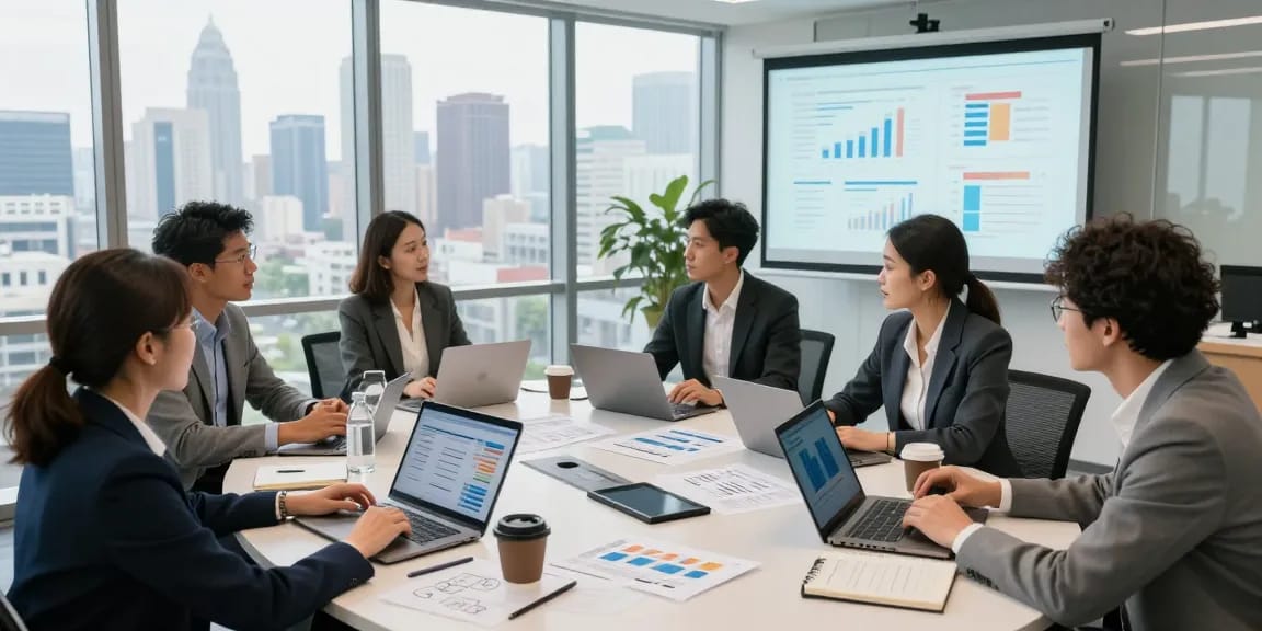 Collaborative meeting showcasing digital marketing services Canada strategies among professionals in a bright conference room.