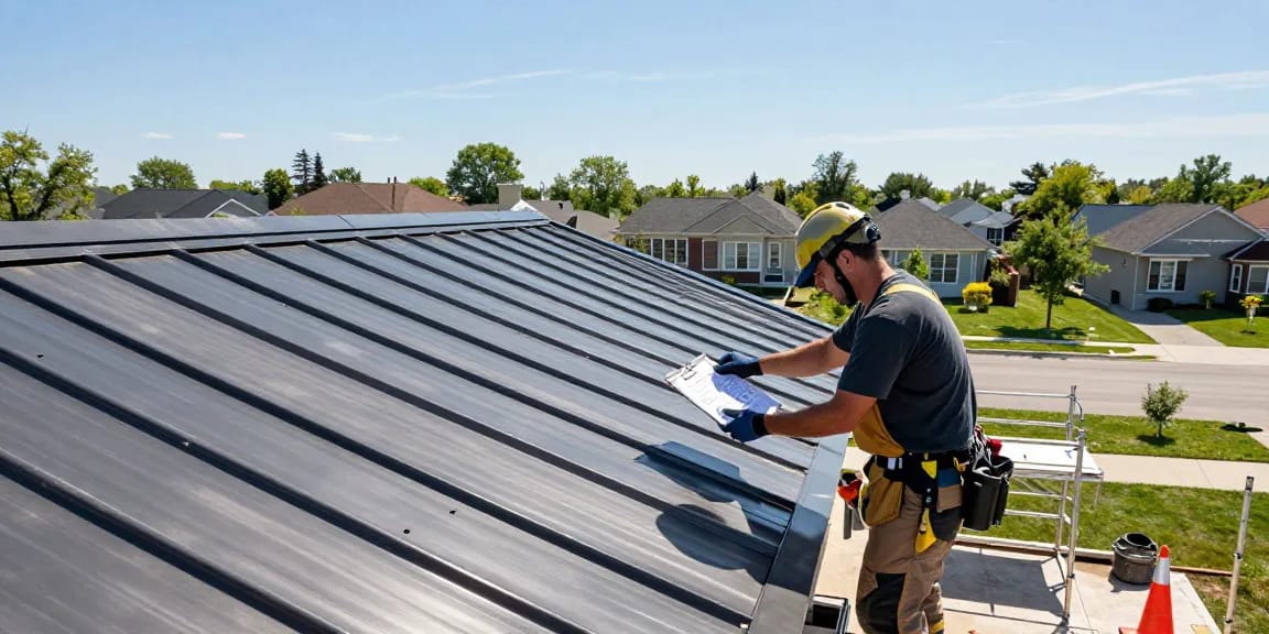 Roofing professional inspecting a metal roof; learn more about quality metal roofing.