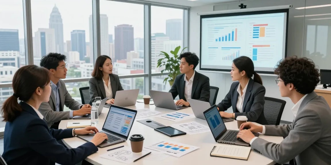 Collaborative meeting showcasing digital marketing services Canada strategies among professionals in a bright conference room.