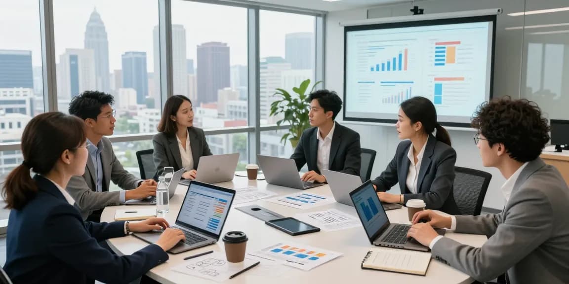 Collaborative meeting showcasing digital marketing services Canada strategies among professionals in a bright conference room.