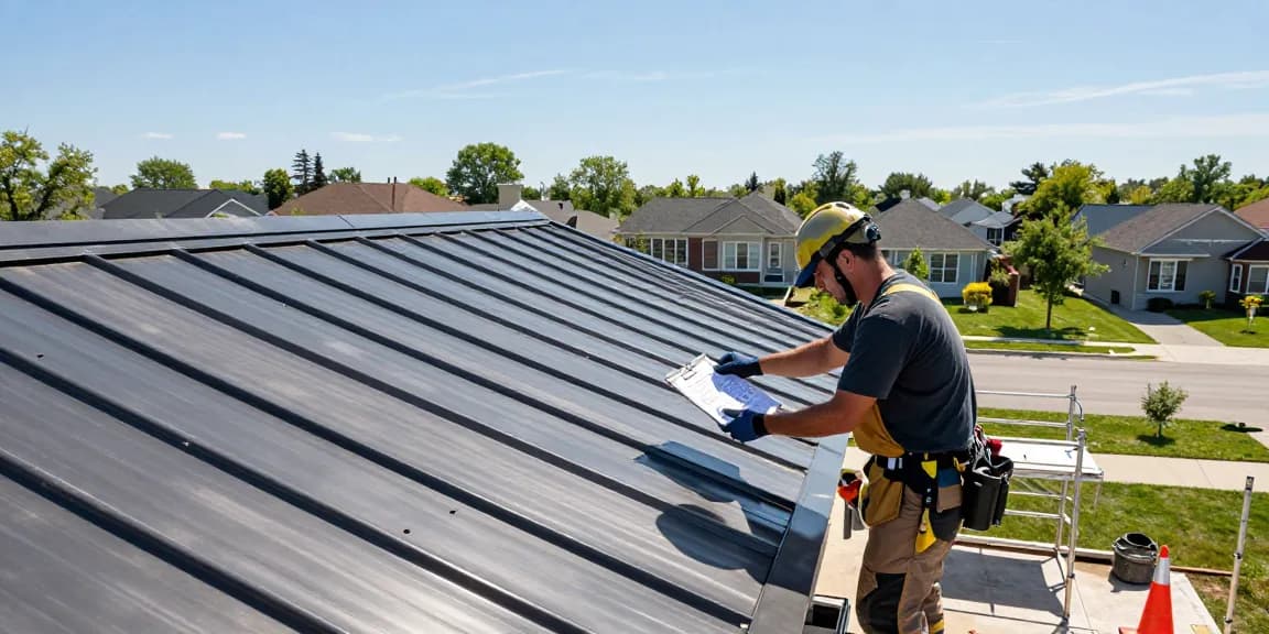 Roofing professional inspecting a metal roof; learn more about quality metal roofing.