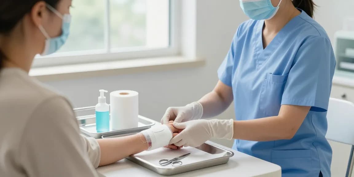 Healthcare professional applying gauze bandages to a patient's wound in a bright and welcoming clinical environment.