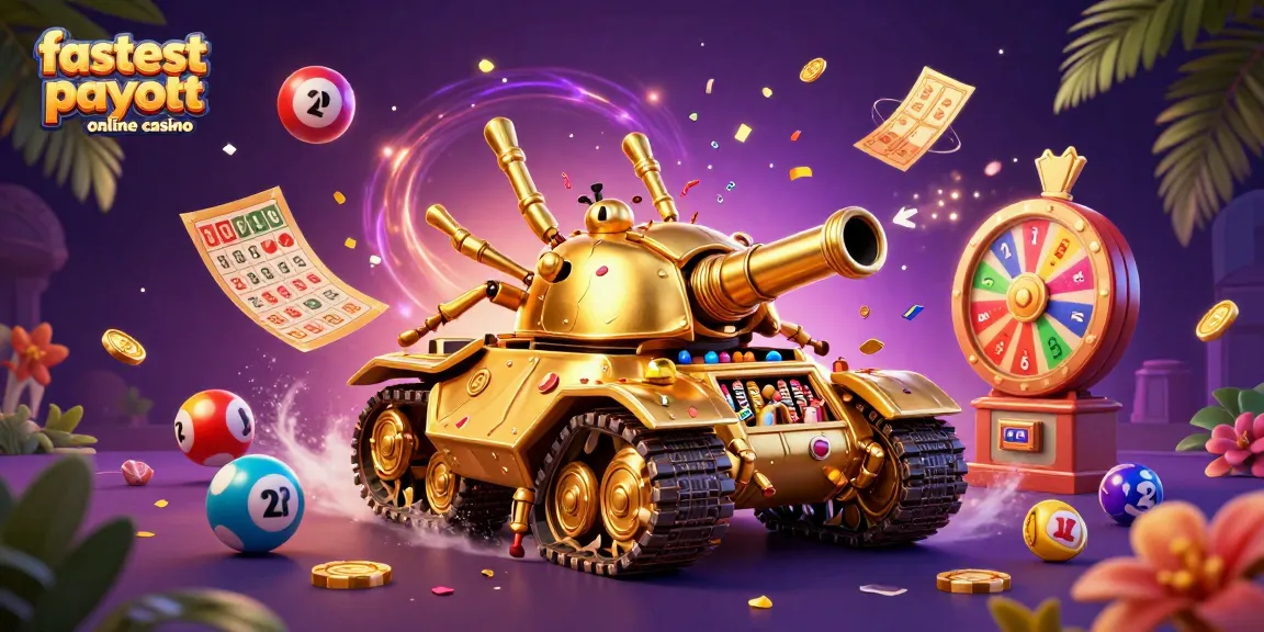 Celebrate wins at the fastest payout online casino with vibrant elements like lotto balls, confetti, and a mini casino tank.
