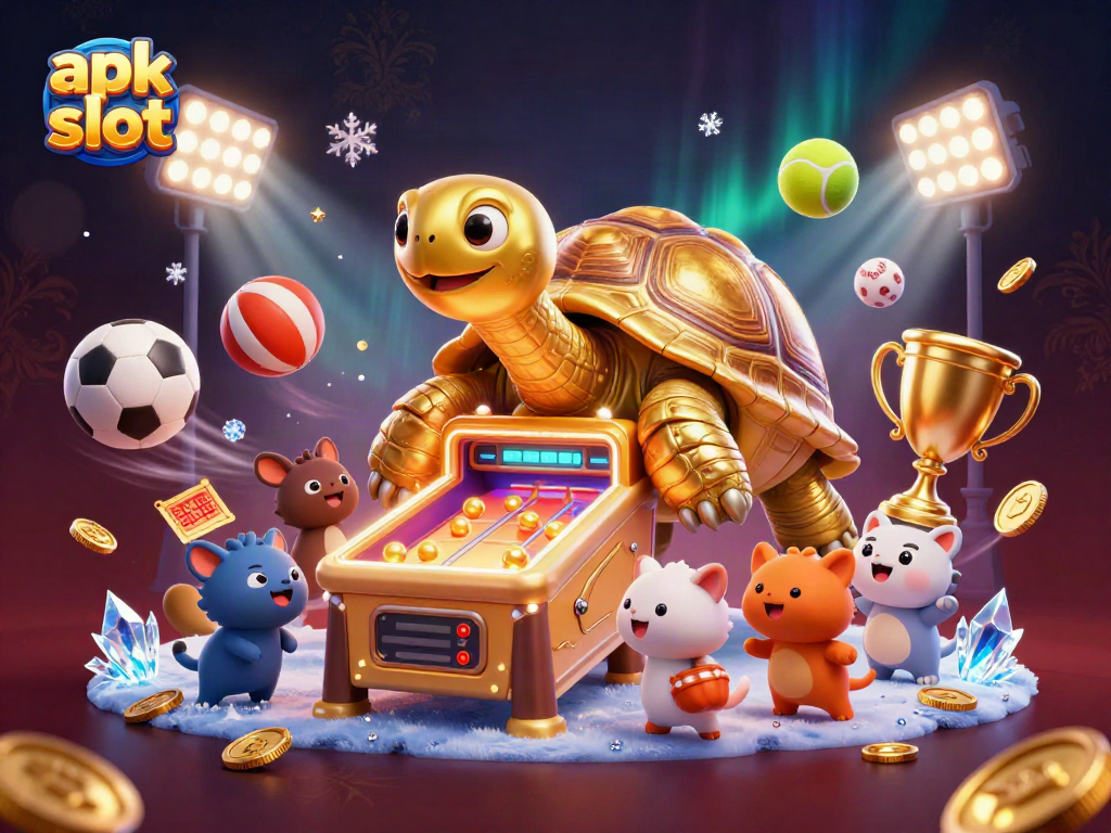 Play exciting apk slot games with a golden tortoise pinball machine and vibrant sports elements.