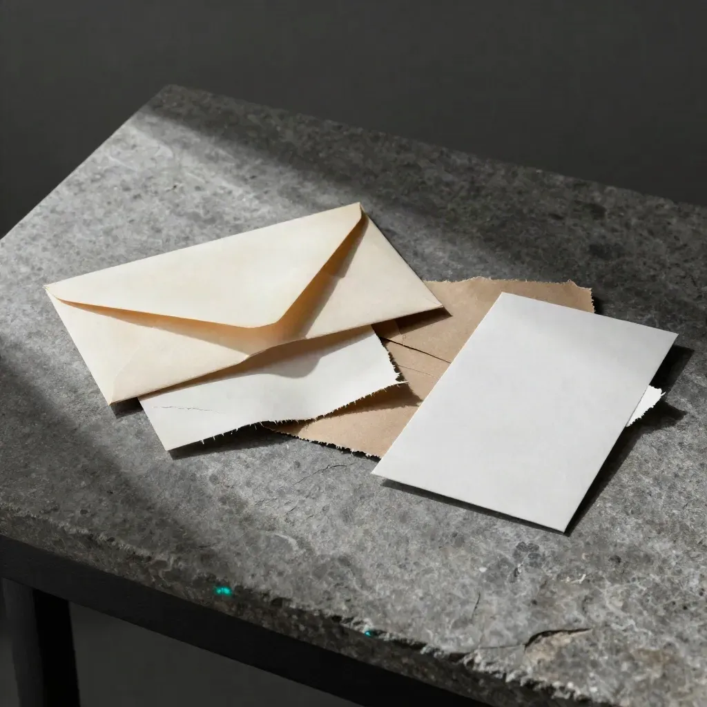 Brand audit stationery set with worn and corrected cards on a stone surface.