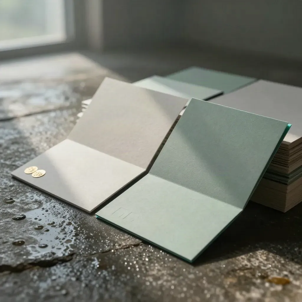 Moody brand identity materials on a wet stone floor with teal foil accents and dramatic haze