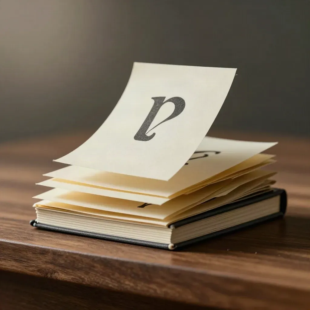 Close-up of paper punctuation tiles and note tabs settling beside a closed notebook spine.