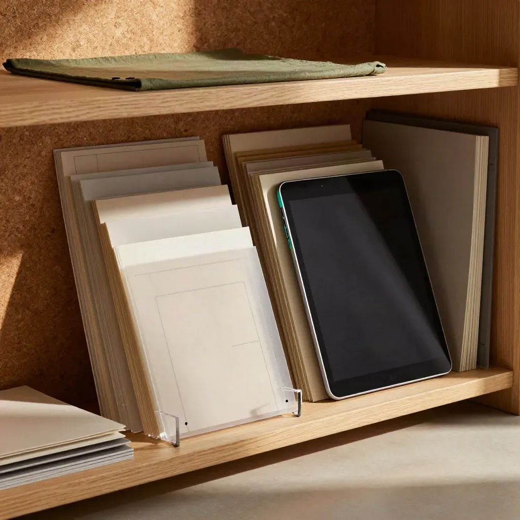 Vellum page-flow boards, wireframe blocks, and a dark tablet silhouette in a cozy brand studio corner.