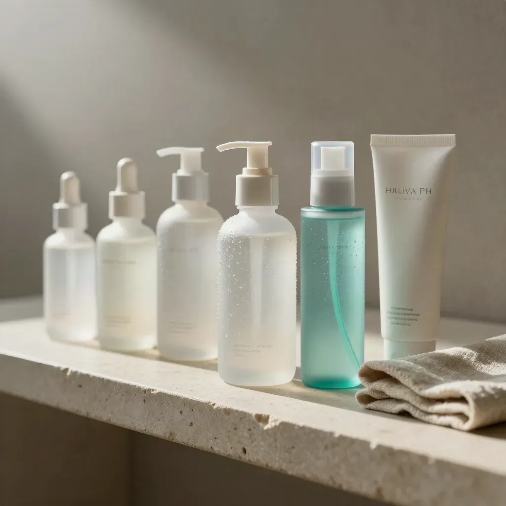 Frosted skincare bottles and cartons on a stone shelf with cool mist and linen