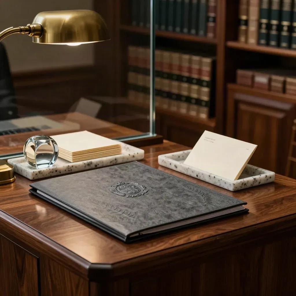 Quiet law office corner with embossed folder, stone tray, folded cream stationery, and soft lamp reflection.