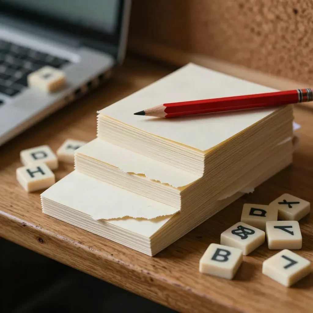 Torn index cards, punctuation tiles and a red pencil arranged on a worn copywork surface