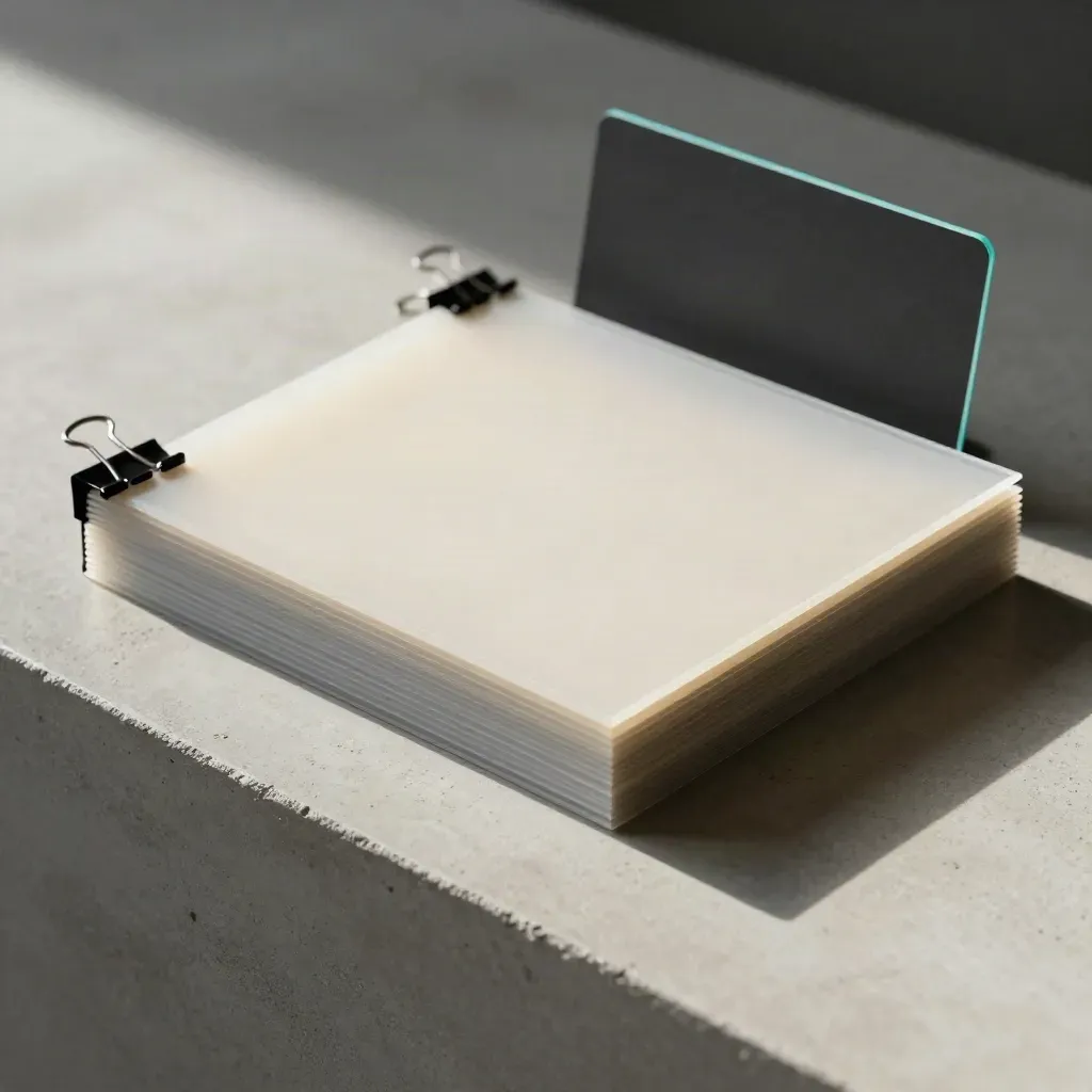 Translucent acetate sheets clipped over layout blocks on concrete, softly lit from one side.