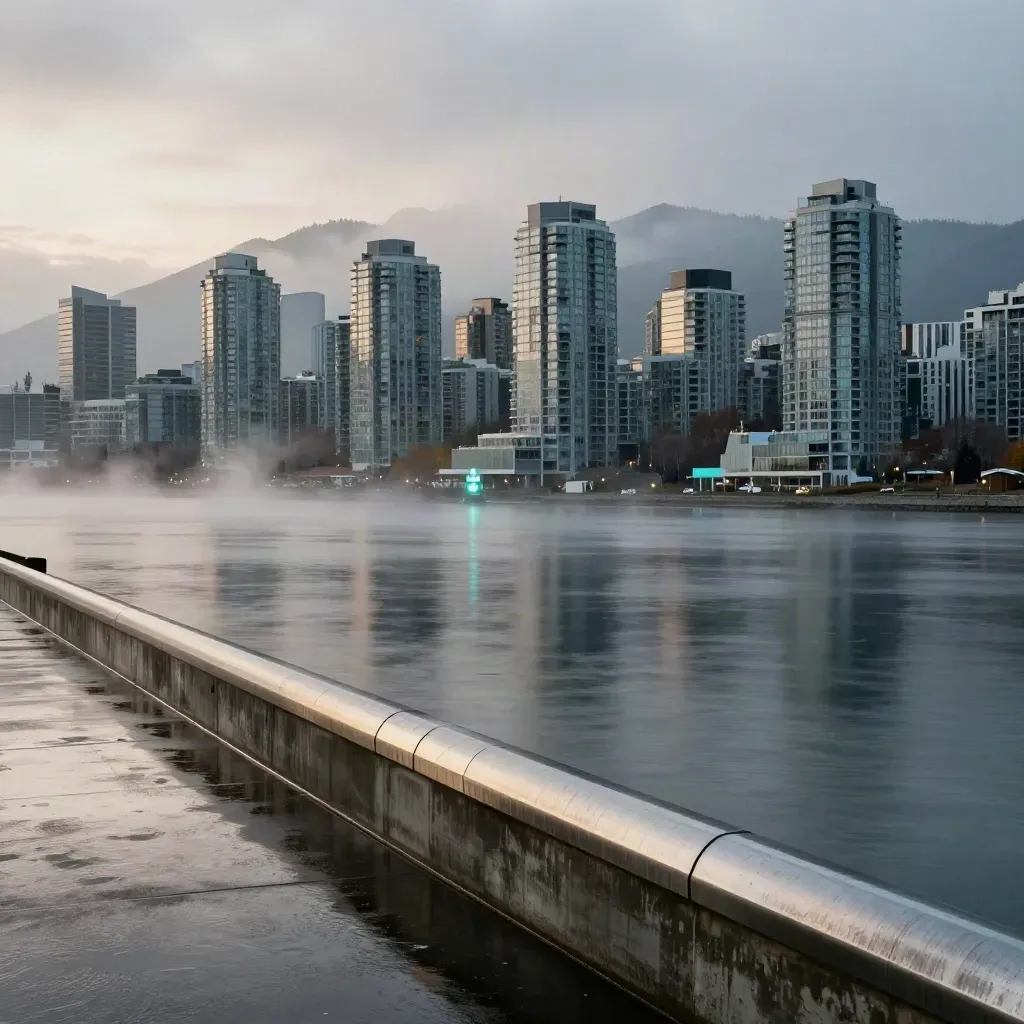 Blue-hour Vancouver skyline and North Shore mountains above a calm misty harbour.