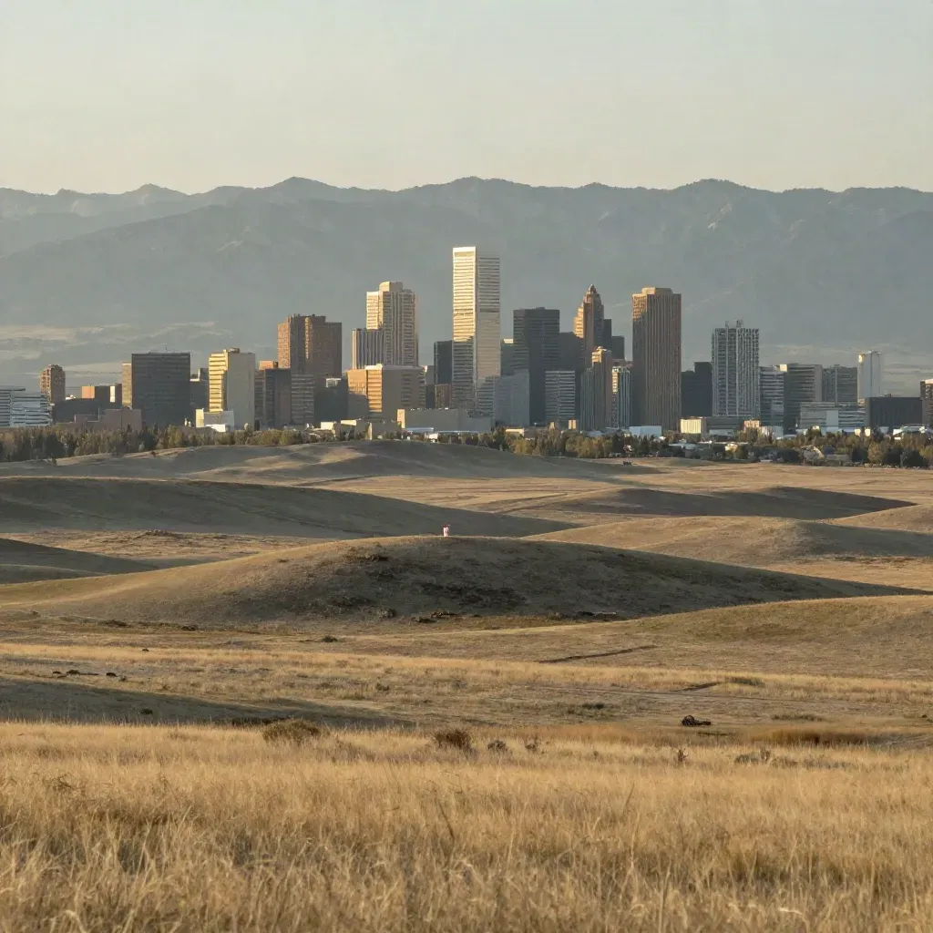Calgary skyline small above hazy prairie and foothills in warm late-afternoon light.
