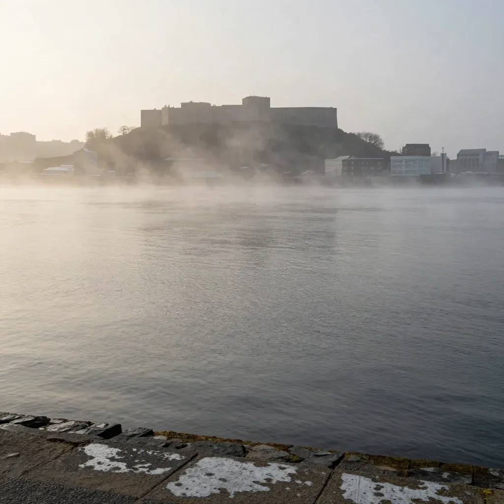 Foggy dawn over Halifax harbour and Citadel Hill above a calm slate-grey waterfront plane.