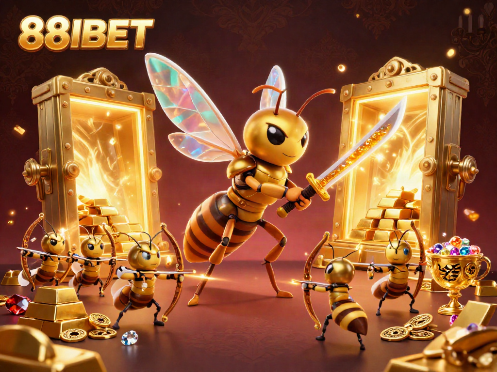 Join the excitement at 88IBET with golden hornet warriors amid treasures in a vibrant casino scene.