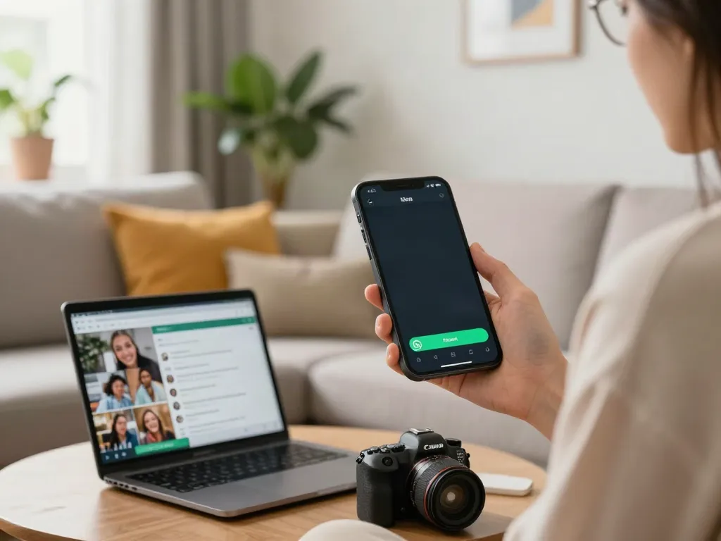 Engaged user exploring WhatsApp Plus features and themes in a cozy living room.