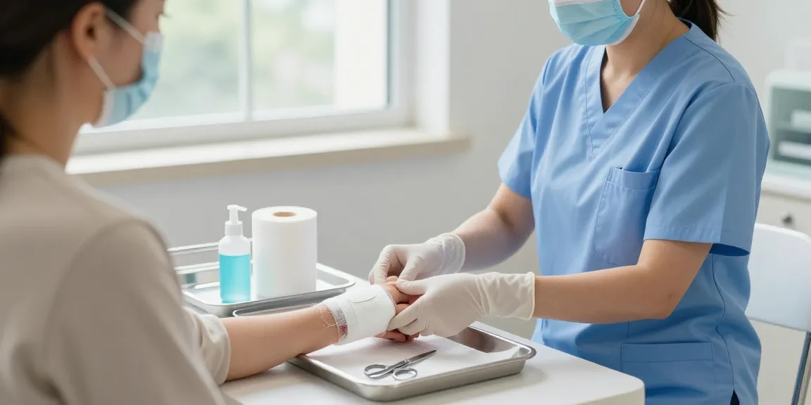 Healthcare professional applying gauze bandages to a patient's wound in a bright and welcoming clinical environment.